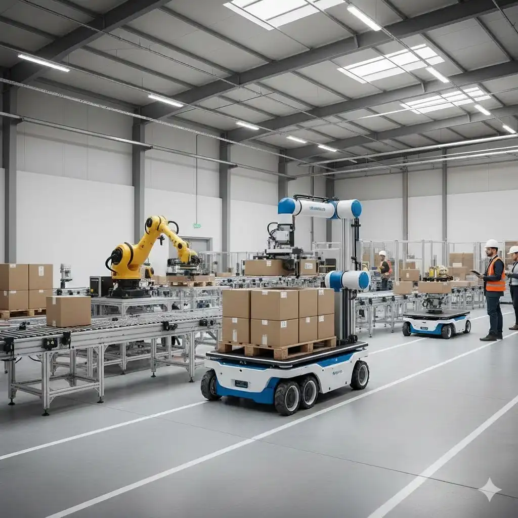 Robot paletyzujący współpracujący z autonomicznym robotem mobilnym AMR