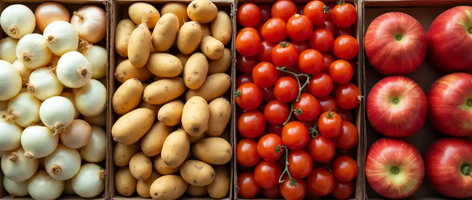 Vegetables and fruit – onions, potatoes, tomatoes, apples.