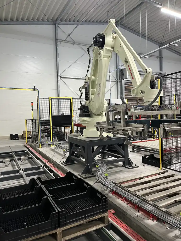 Zrobotyzowane paletyzowanie skrzynek z cebulą w ogrodnictwie.