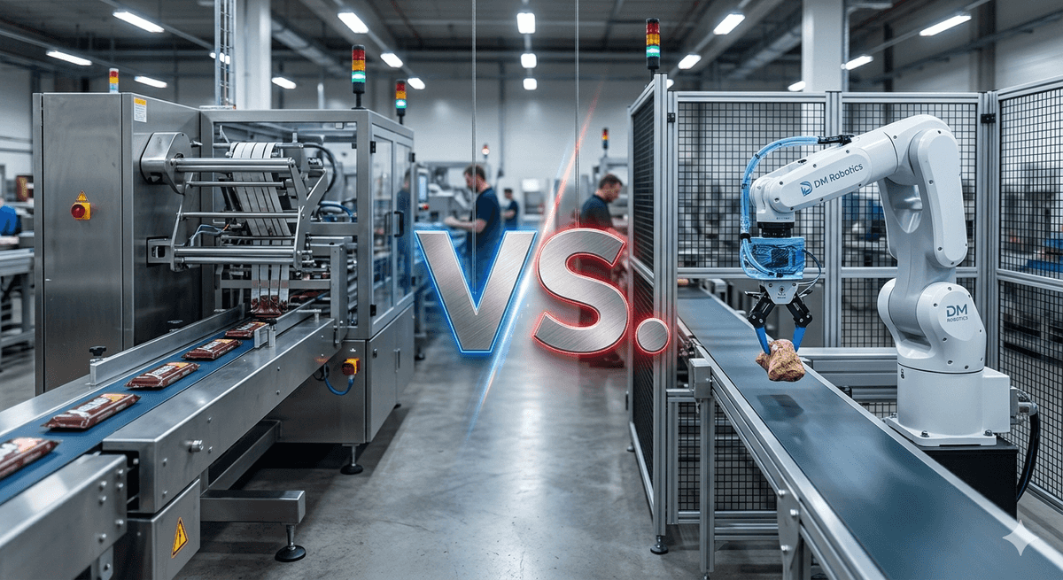 Porównanie maszyny pakującej i robota pakującego na linii produkcyjnej