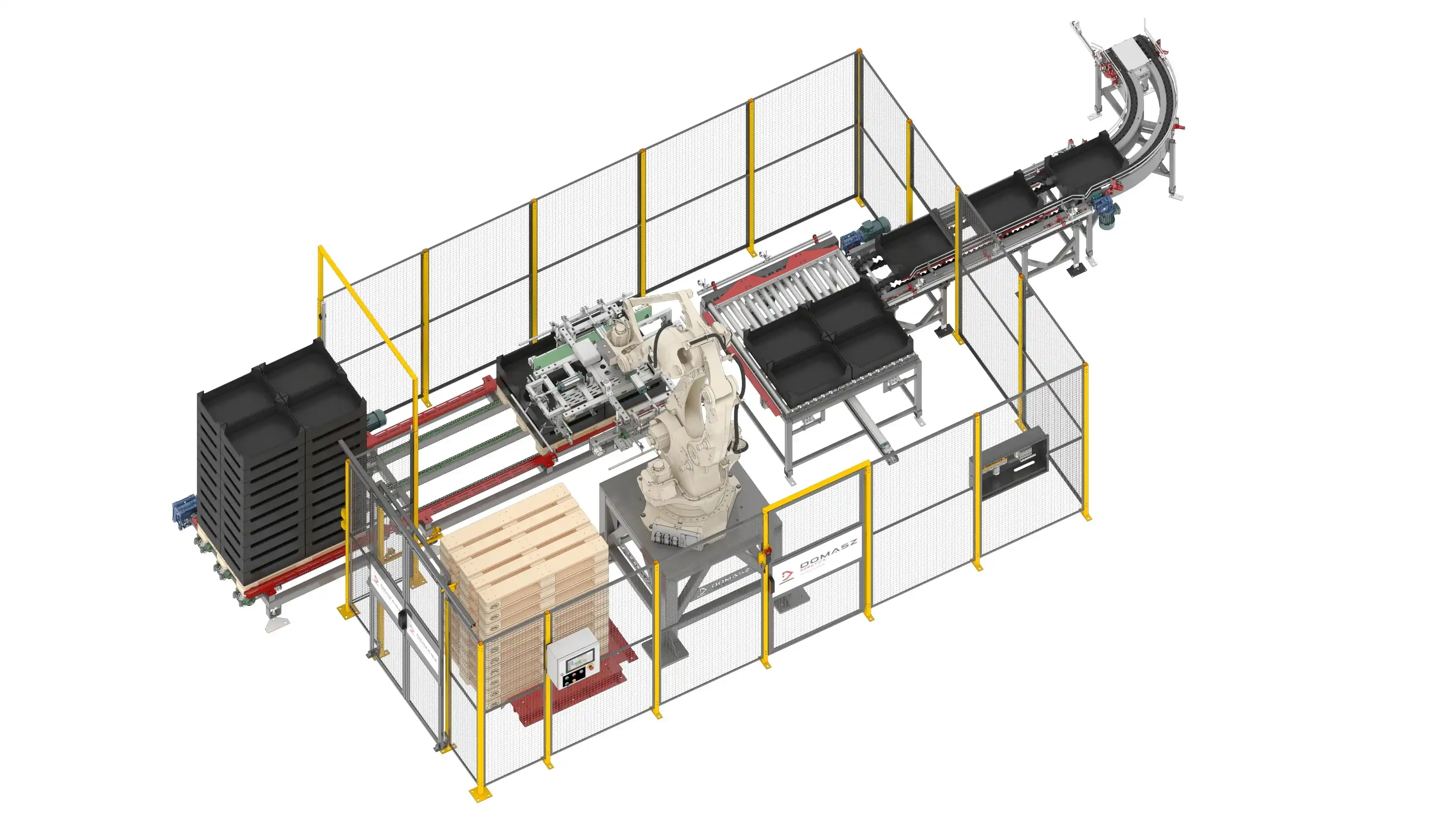 Stanowisko do paletyzacji skrzynek z warzywami.