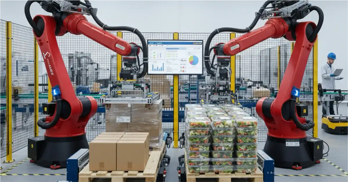 Robot przemysłowy na zautomatyzowanej linii produkcyjnej planujący proces robotyzacji