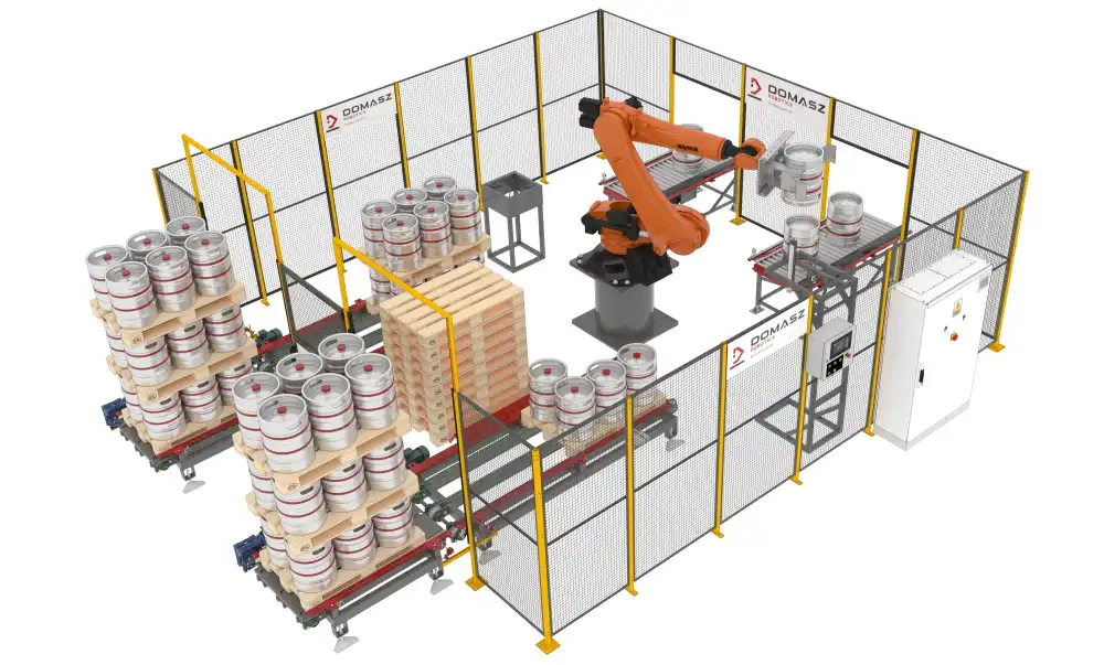 System do paletyzacji i depaletyzacji beczek w przemyśle spożywczym.