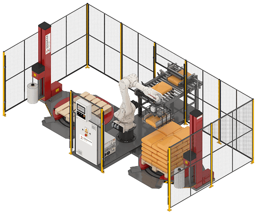 Robot palletizing bags on a pallet.