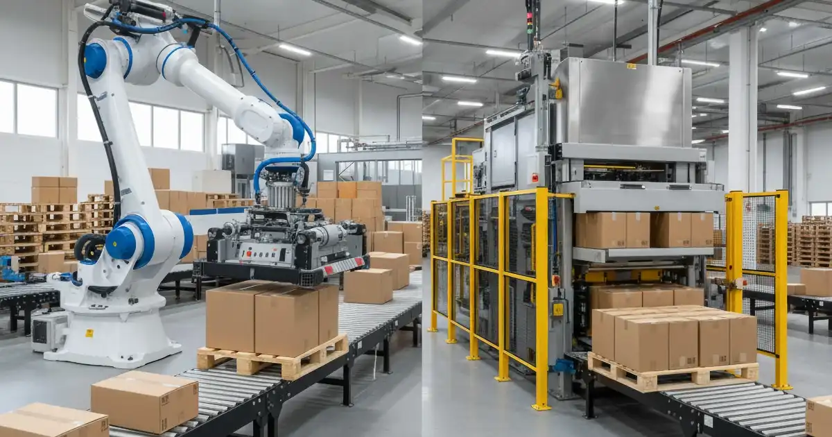 Porównanie robota paletyzującego i tradycyjnego paletyzatora z ikonami plusów i minusów