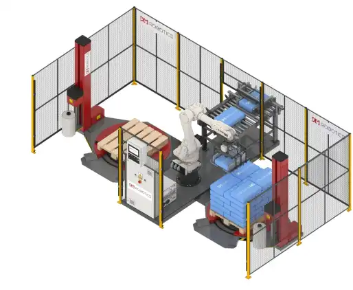 Robot paletyzujący worki na palecie.