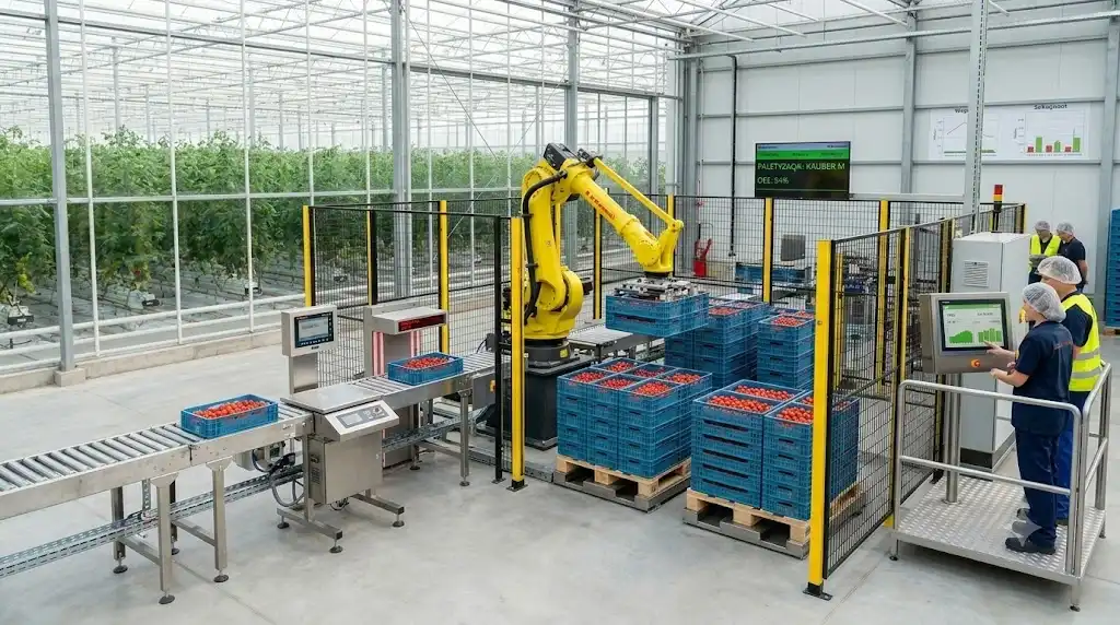 Zrobotyzowana linia do ważenia, sortowania i paletyzacji pomidorów malinowych z robotem Kawasaki
