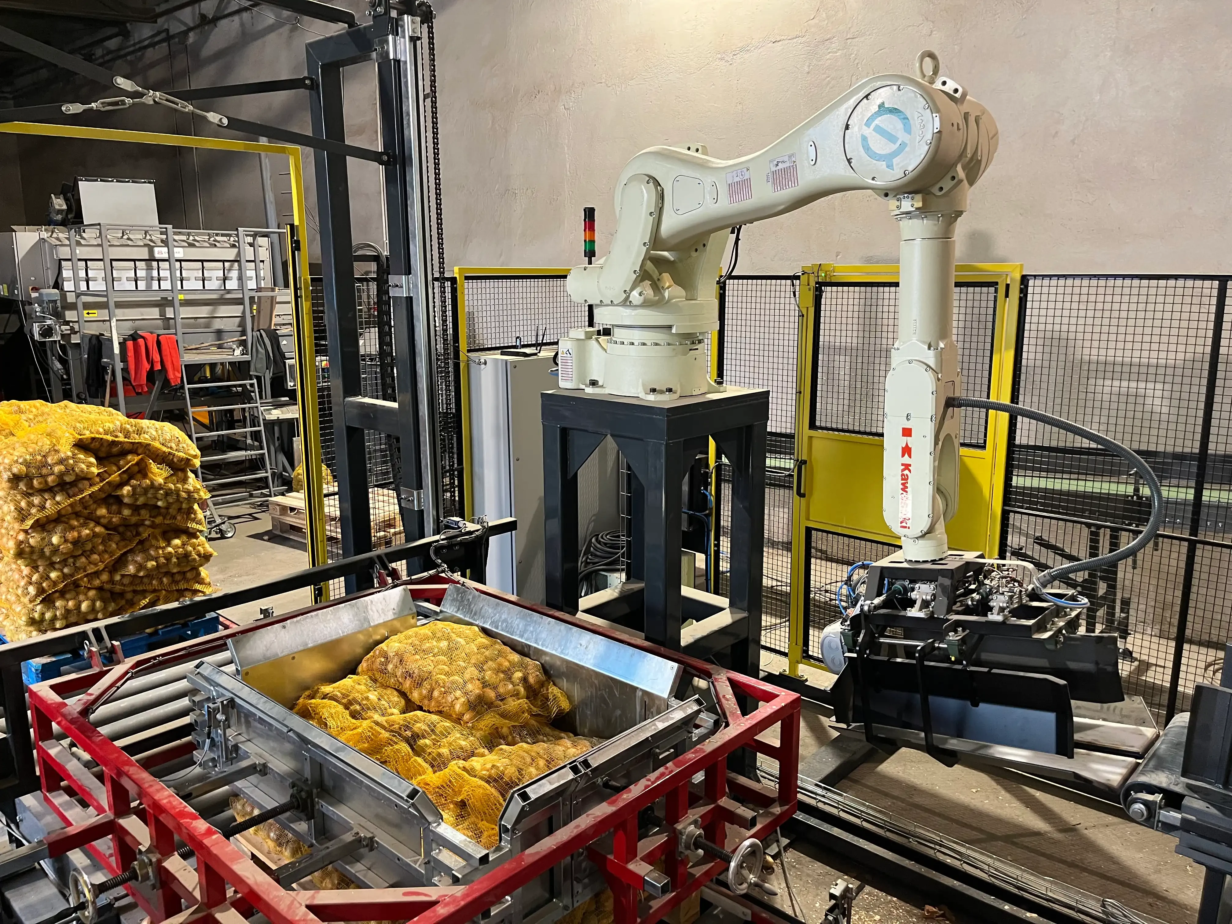 Robot paletyzujący worki z ziemniakami.