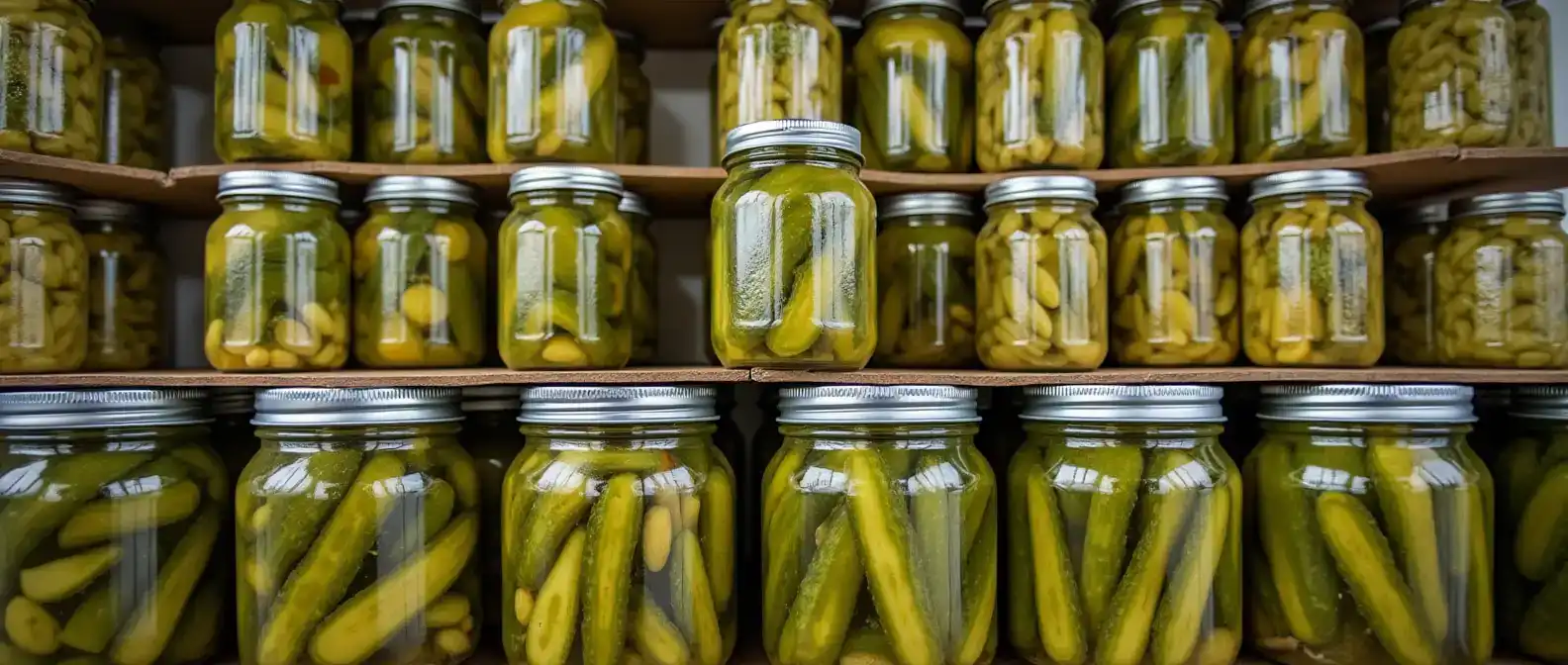 Linia do pakowania słoików z piklami w przemyśle spożywczym.