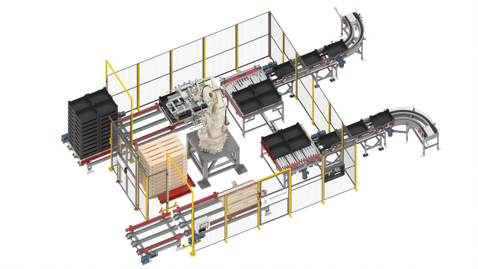 Podwójne stanowisko do paletyzacji skrzynek z warzywami.
