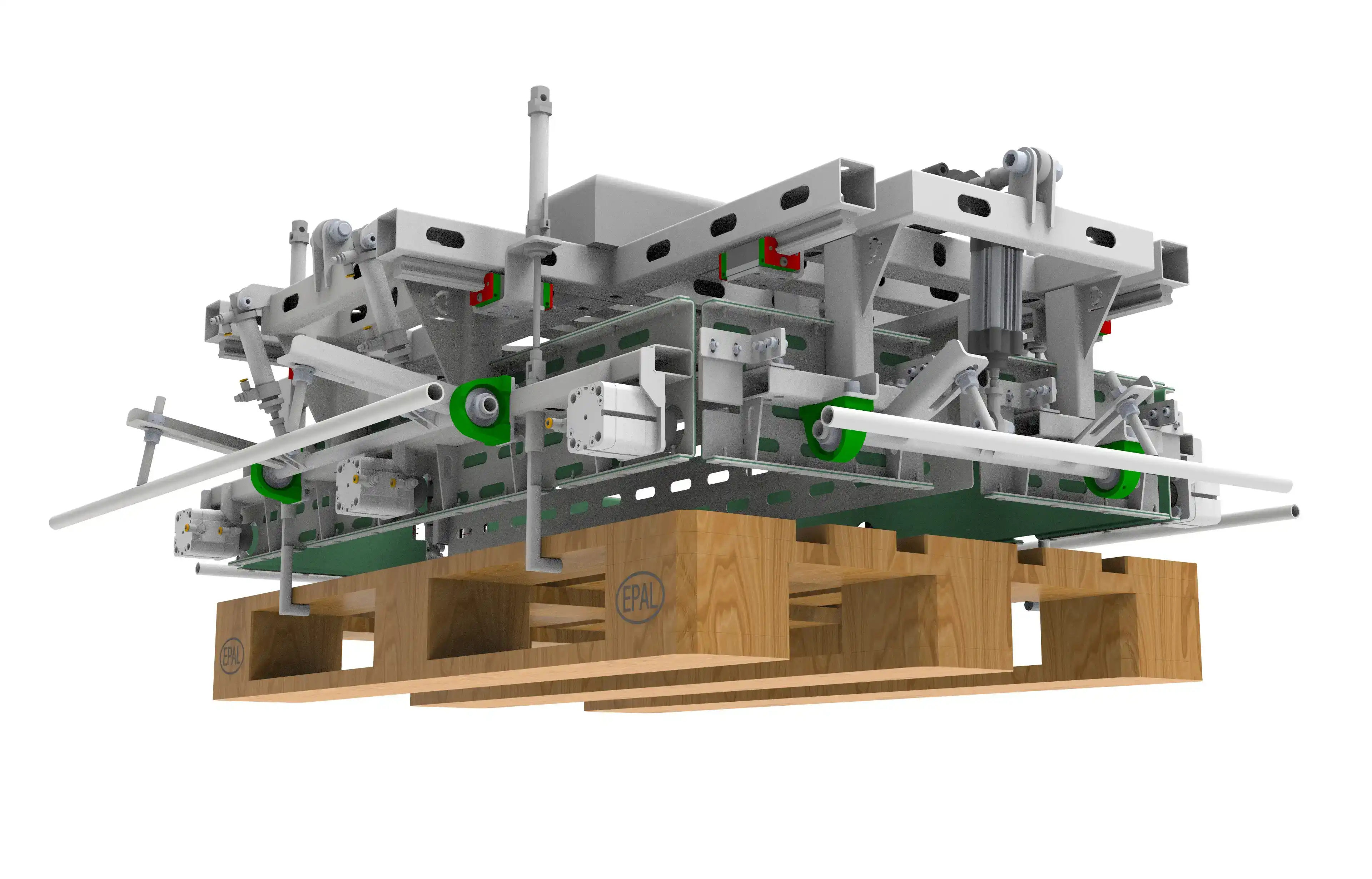 Chwytak robota przemysłowego trzymający paletę - linia pakująca.