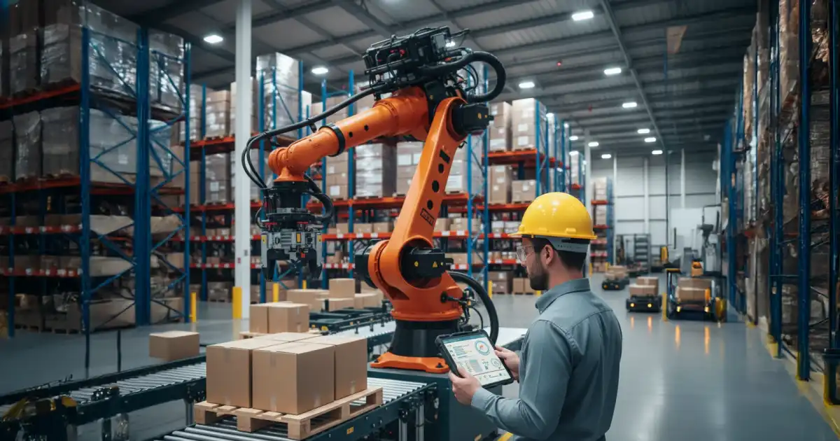 Robot paletyzujący pracujący na linii produkcyjnej z zaznaczonymi potencjalnymi punktami błędów